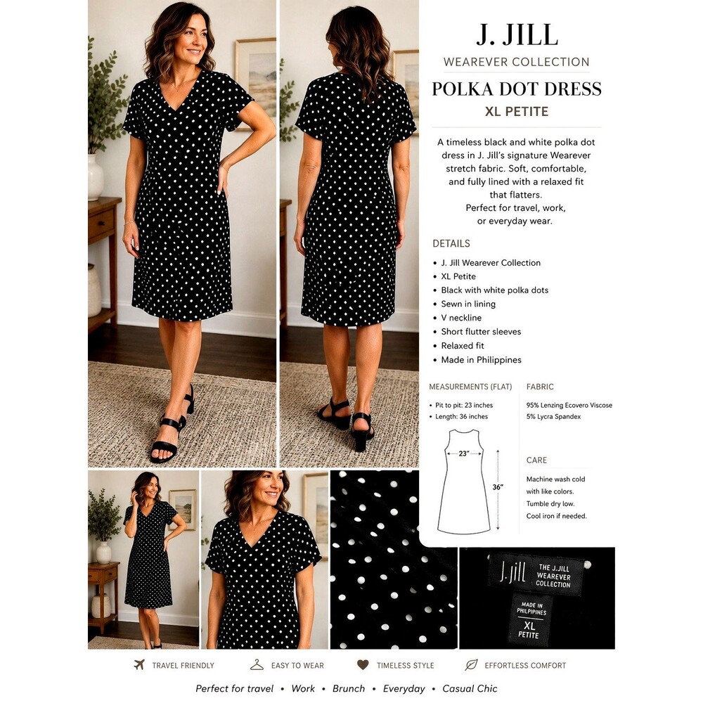 J Jill Wearever Collection XL Petite Black White Polka Dot Lined Dress